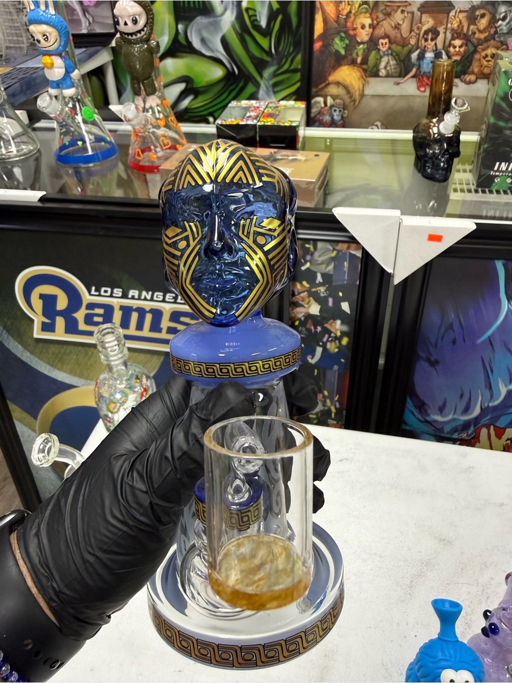 Blue and Gold Glass Face Rig with Greek Key Accents